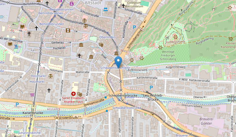 Standort von FARBE e.V. im Haus des Engagements, Schwabentorring 2, 79098 Freiburg; Grafik von OpenStreetMap