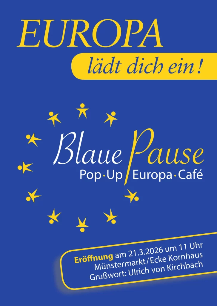 Postkarte, Blaue Pause – Pop-Up-Europa-Café, Seite 1