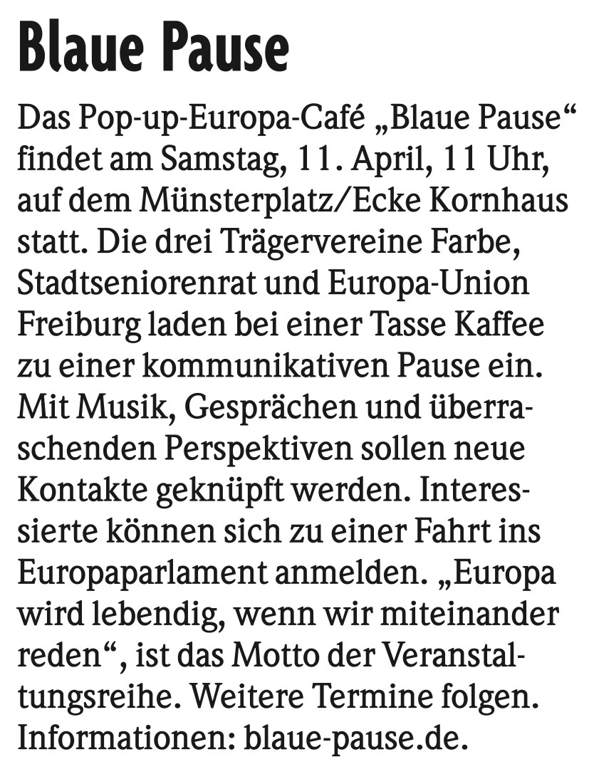 Kurzmeldung der Badischen Zeitung zum Termin der Blauen Pause am 11.04.2026
