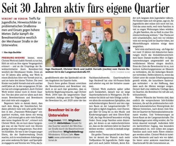 Artikel der Badischen Zeitung vom 18.11.25: "Seit 30 Jahren ist die Bewohner-Ini aktiv fürs eigene Quartier"