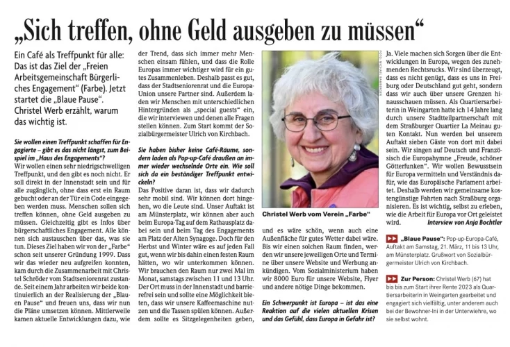 Artikel der Badischen Zeitung: "Sich treffen ohne Geld ausgeben zu müssen" vom 20.03.26
